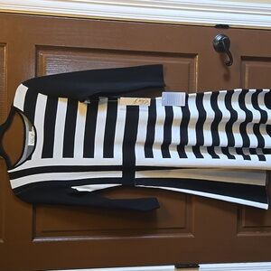 Eliza J-Blk/white striped 3/4 sleeved Fit n flare knit dress Sz S NWT.